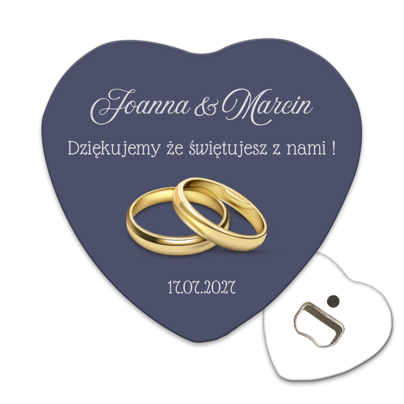 Personalizowany magnesy na ślub dla gosci weselnych z złotymi pierścionkami ślubnymi, symbolizującymi wieczną miłość