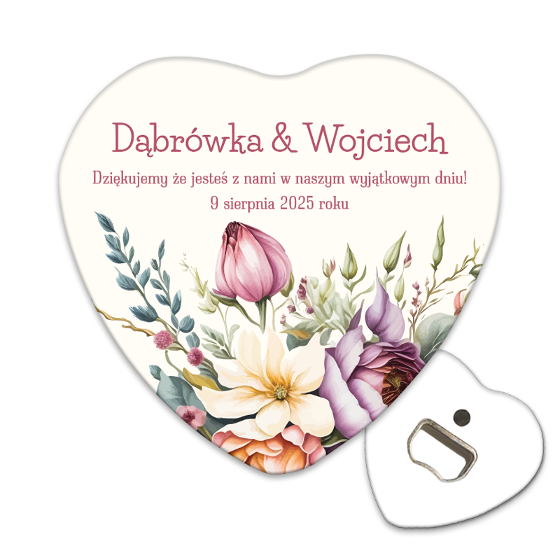 Magnesy z podziękowaniem : Personalizowany otwieracz do butelek dla gości weselnych z kolorowym bukietem ślubnym i zielenią.
