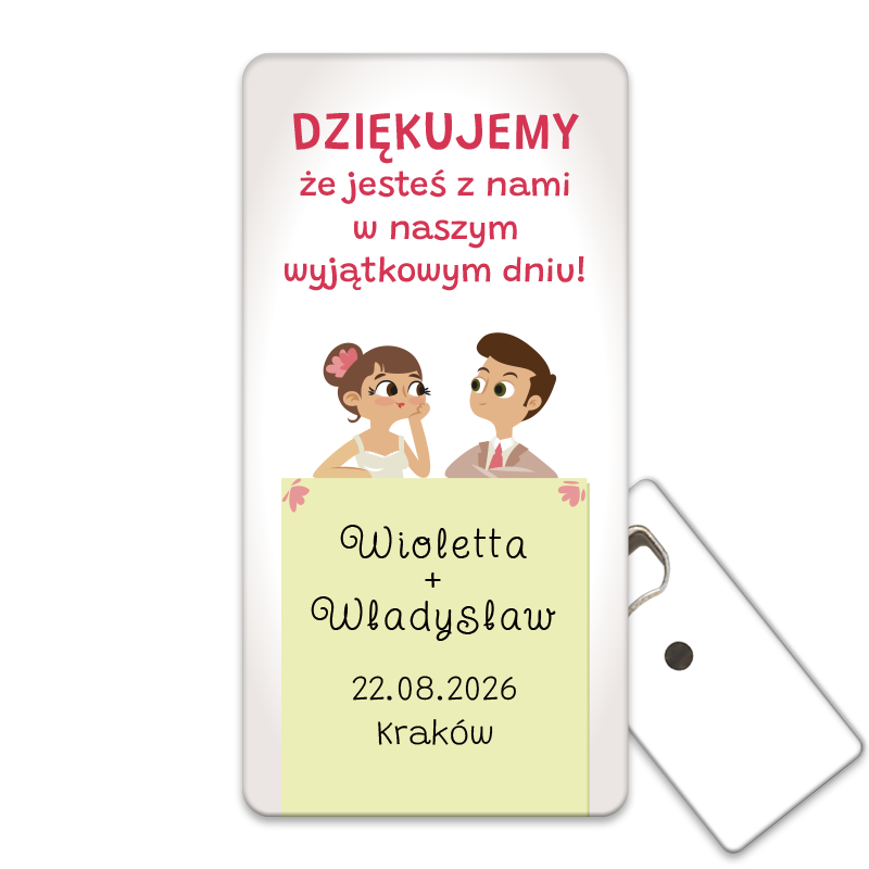 Otwieracz do butelek z karikaturą pary młodej, idealny jako personalizowany pamiątki ślubne dla gości weselnych.