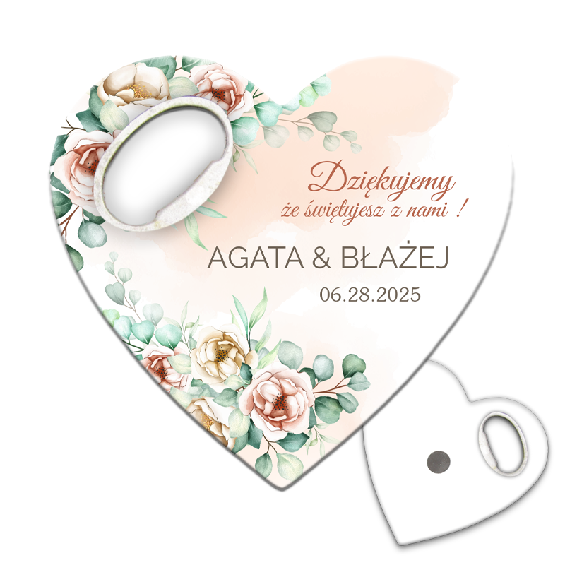 Pastelowe drzewo różane z różami w różu i żółci, personalizowany otwieracz do butelek dla gości weselnych.