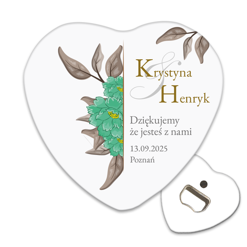 Personalizowany otwieracz do butelek podziękowanie dla gości weselnych z jesiennym motywem brązowych liści i zielonych kwiatów.