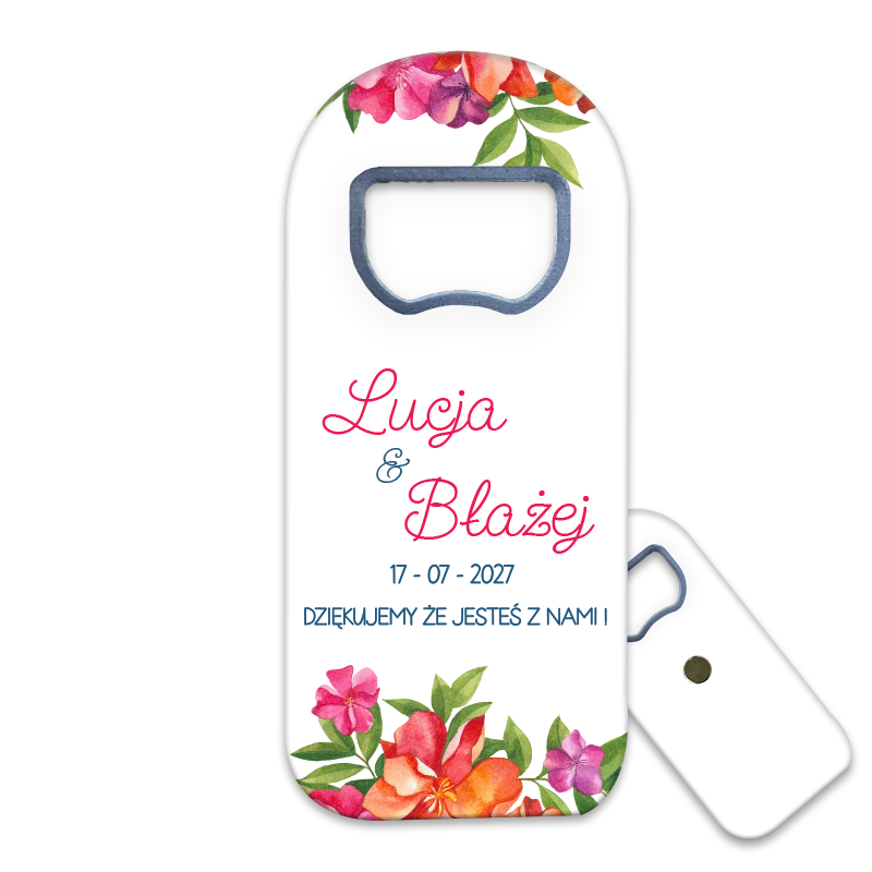 Personalizowany otwieracz do piwa z pięknym wzorem w kolorach pomarańczowym, różowym i fioletowym, otoczony zielonymi liśćmi, idealny prezenty dla gości weselnych.