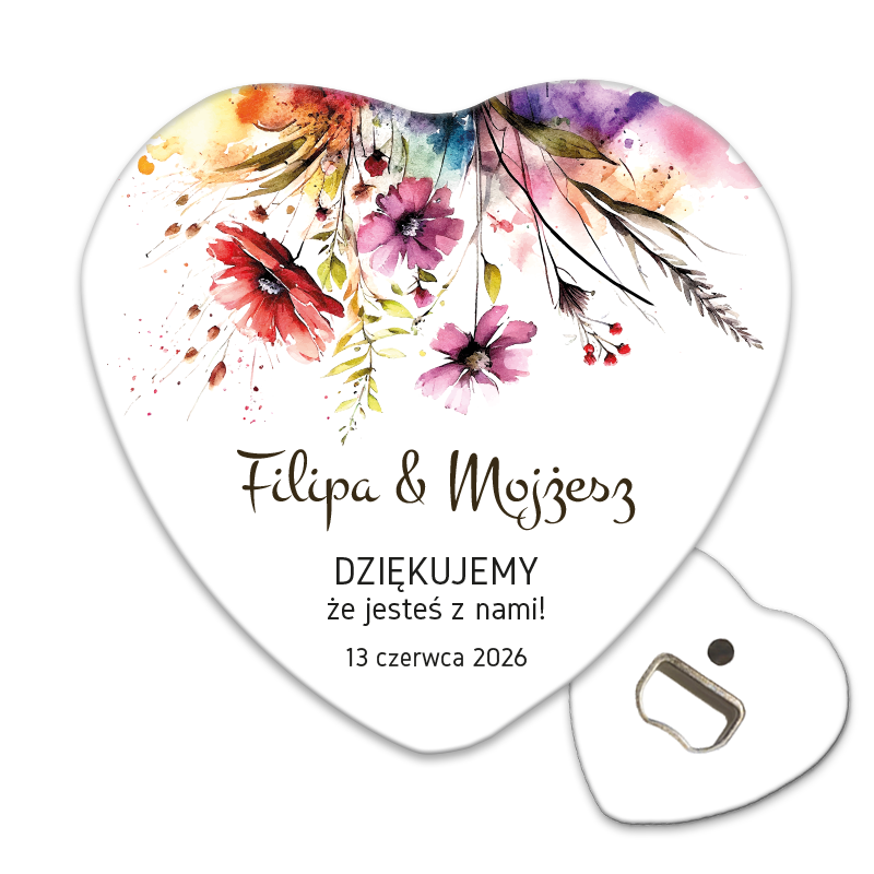 Personalizowany otwieracz do piwa z kolorowymi wiosennymi kwiatami w stylu akwareli prezenty dla gości weselnych.