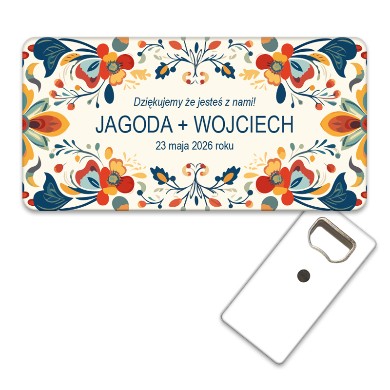 Personalizowany otwieracz do piwa z folklorystycznym wzorem w dominujących odcieniach granatu i czerwieni, idealny dla gości weselnych.
