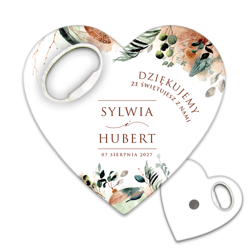 Otwieracz do butelek dla gości weselnych z deseniem Kawy i Zieleni Rośliny w Stylu Boho, idealny na prezenty ślubne.