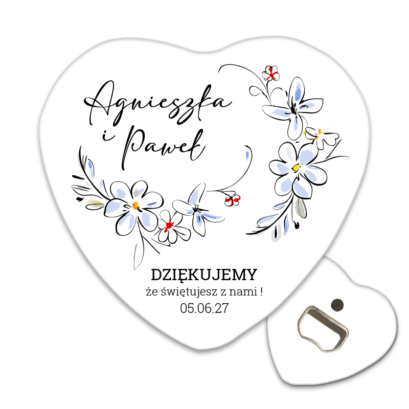 Personalizowany otwieracz do piwa dla prezenty ślubne z minimalistycznym kwiatowym motywem na białym tle
