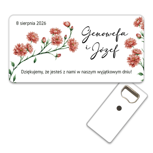 Otwieracz do butelek z jasnoczerwonym wzorem Dalia, idealny pamiątki ślubne, personalizowany z eleganckim stylem.
