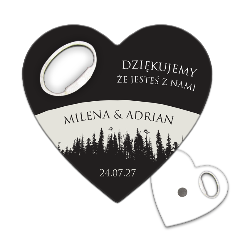 Personalizowany magnesy otwieracz do butelek na ślub dla gości weselnych z unikalnym wzorem silueta lasu na horyzoncie, idealny na wyjątkowe okazje