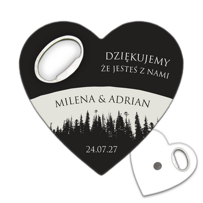 Personalizowany magnesy otwieracz do butelek na ślub dla gości weselnych z unikalnym wzorem silueta lasu na horyzoncie, idealny na wyjątkowe okazje