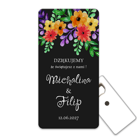 Personalizowany otwieracz do butelek magnesy ślubne dla gości z odważnym i żywym bukietem kwiatów wykonanym za pomocą akwareli, idealny jako wyjątkowa pamiątka z wydarzenia.