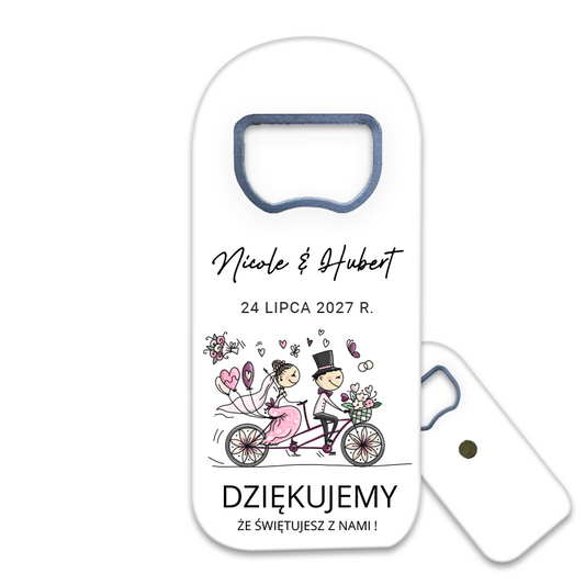 Personalizowany otwieracz do piwa magnesy ślubne dla gości z radosną parą młodą na rowerze, idealny prezent na przyjęcie