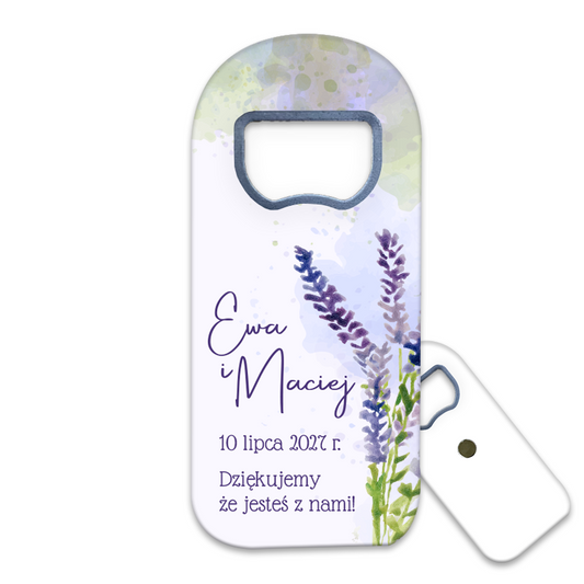 Personalizowany otwieracz do butelek magnesy ślubne dla gości weselnych z motywem lavendula, wykonany techniką akwarelową, idealny na wyjątkowe okazje.