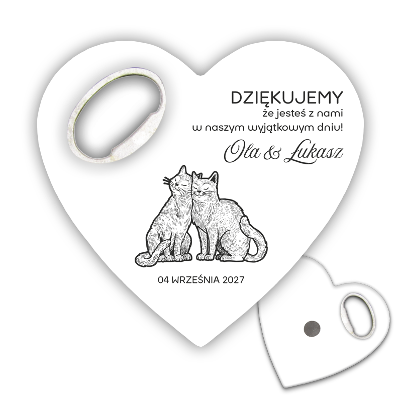 Stylowy otwieracz do butelek magnesy ślubne dla gości z motywem pary kotów, idealny dla gości weselnych, dodający niepowtarzalny akcent do każdego przyjęcia