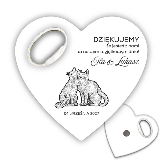 Stylowy otwieracz do butelek magnesy ślubne dla gości z motywem pary kotów, idealny dla gości weselnych, dodający niepowtarzalny akcent do każdego przyjęcia
