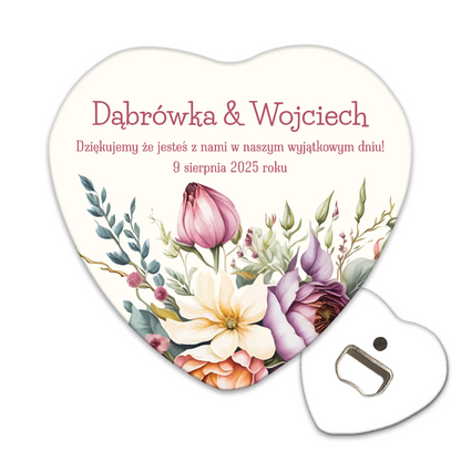 Magnesy z podziękowaniem : Personalizowany otwieracz do butelek dla gości weselnych z kolorowym bukietem ślubnym i zielenią.