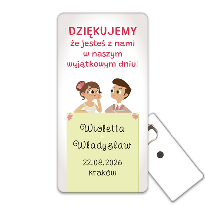 Otwieracz do butelek z karikaturą pary młodej, idealny jako personalizowany pamiątki ślubne dla gości weselnych.