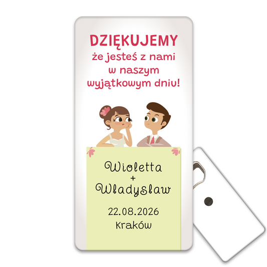 Otwieracz do butelek z karikaturą pary młodej, idealny jako personalizowany pamiątki ślubne dla gości weselnych.