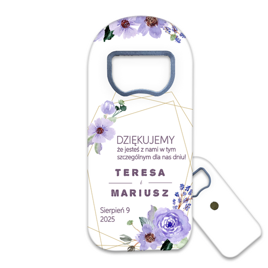 Personalizowany otwieracz do butelek z pastelowym fioletowym wzorem olejnym, idealny pamiątki ślubne, który elegancko uzupełni każdą aranżację stołu.
