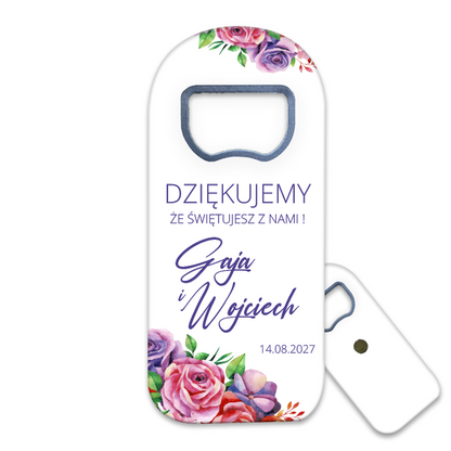 Otwieracz do butelek z magnesem z bukietem różowych i fioletowych róż, idealny na podziękowania dla gości weselnych.