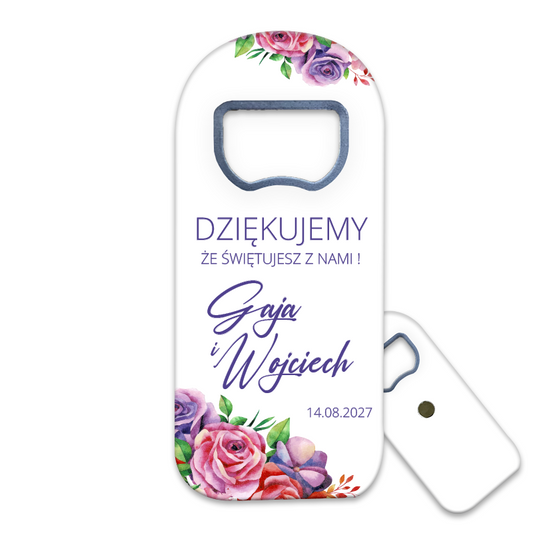 Otwieracz do butelek z magnesem z bukietem różowych i fioletowych róż, idealny na podziękowania dla gości weselnych.