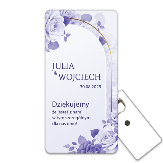 Personalizowany otwieracz do butelek w złotej ramce udekorowanej różami w odcieniach fioletu, idealny pamiątki ślubne.
