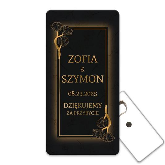 Otwieracz do butelek z neonową złotą ramką, pokryty kwiatami, idealny pamiątki ślubne.