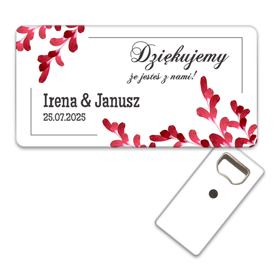 Otwieracz do butelek z czerwonymi liśćmi na białym tle, idealny jako personalizowany pamiątki ślubne.