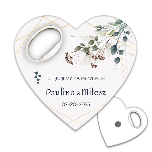 Personalizowany otwieracz do butelek z matowymi zielonymi liśćmi i roślinami cykorii, idealny dla pamiątki ślubne.