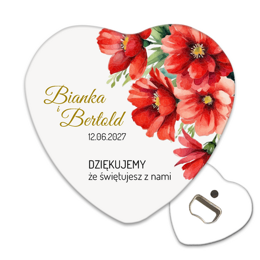 Personalizowany otwieracz do butelek dla pamiątki ślubne z pięknym czerwonym kwiatowym bukietem, idealny na każdą ceremonię ślubną.