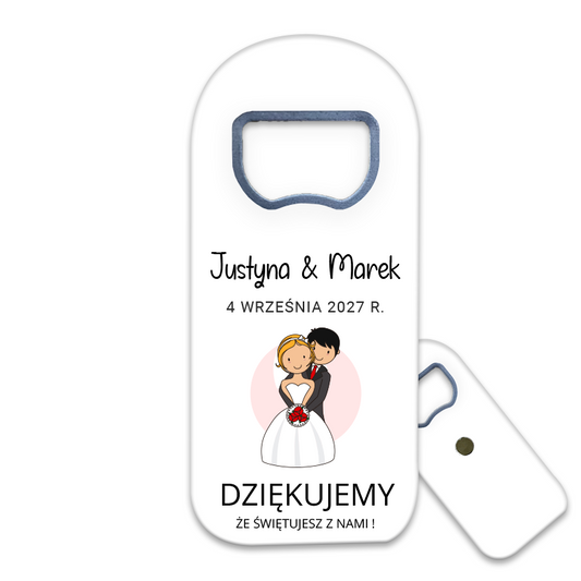 Otwieracz do butelek z magnesem z wesołą parą młodą, doskonały jako podziękowania dla gości weselnych.