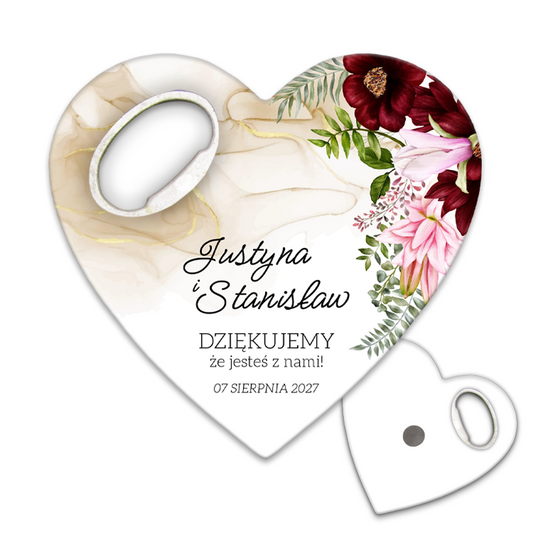 Elegancki personalizowany otwieracz do butelek dla pamiątki ślubne z bordowym bukietem różowych kwiatów, idealny na wyjątkowe chwile.