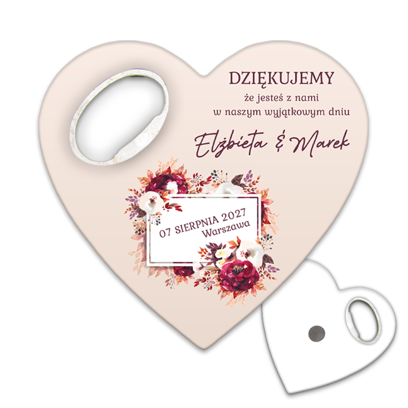 Oto piękny otwieracz do butelek z magnesem z ramką kwiatową, idealny jako podziękowania dla gości weselnych.