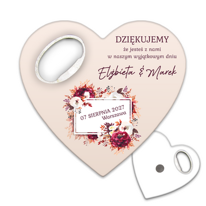Oto piękny otwieracz do butelek z magnesem z ramką kwiatową, idealny jako podziękowania dla gości weselnych.