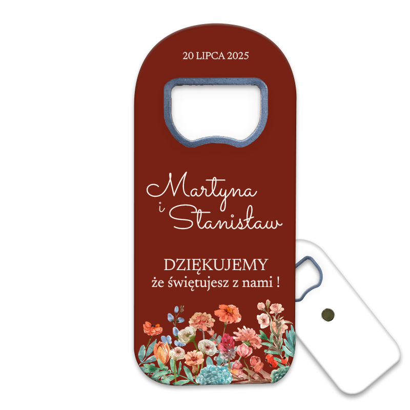 Otwieracz do piwa z kolorowymi wiosennymi kwiatami, idealny na podziękowania dla gości weselnych.