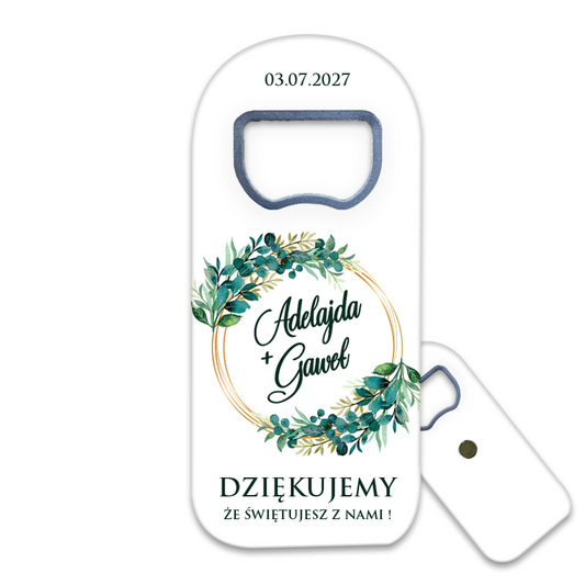 Podziękowania magnes na wesele: Złote Kręgi i Zielone Liście - personalizowany otwieracz do butelek dla gości weselnych.