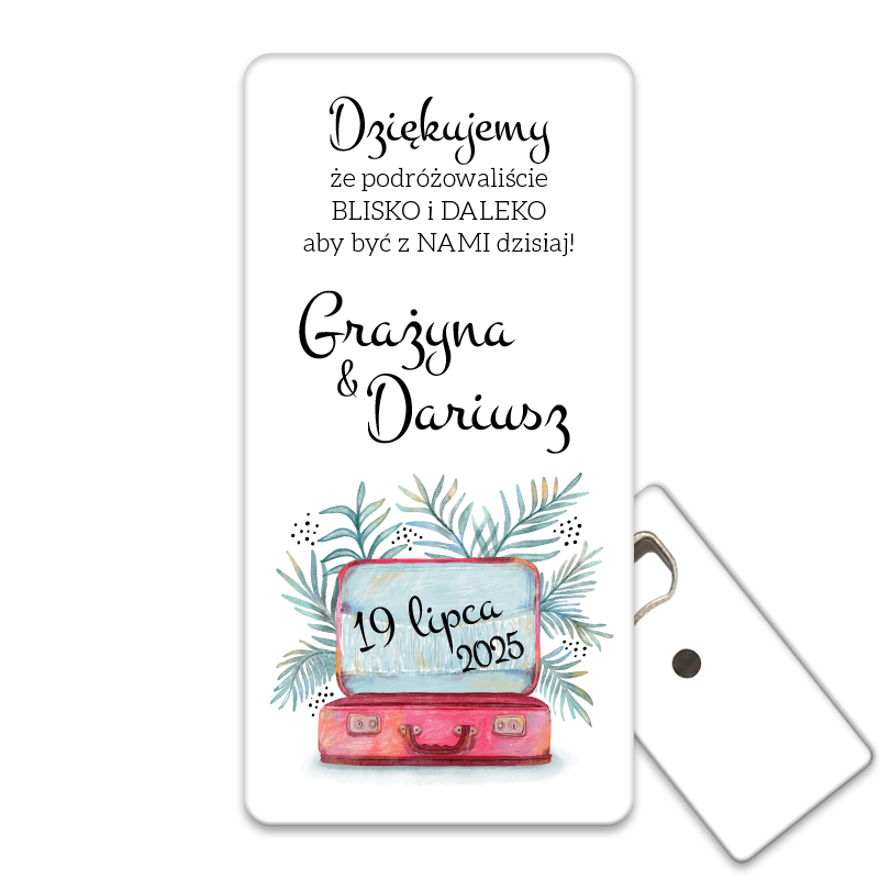 Podziękowania magnes na wesele : Personalizowany otwieracz do butelek dla gości weselnych z eleganckim motywem walizki, idealny na wesele, które celebruje podróże i przygody.