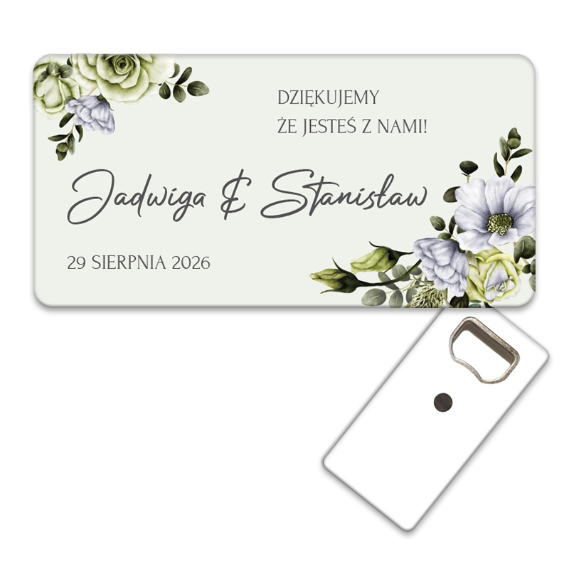 Personalizowany otwieracz do butelek podziękowanie dla gości weselnych z pięknym wzorem Róż i Kwiatów w kolorach Boho, doskonały dodatek do każdej uroczystości.