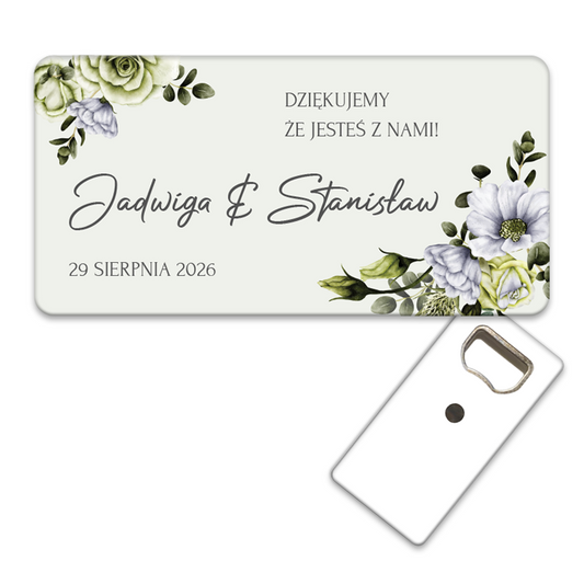 Personalizowany otwieracz do butelek podziękowanie dla gości weselnych z pięknym wzorem Róż i Kwiatów w kolorach Boho, doskonały dodatek do każdej uroczystości.