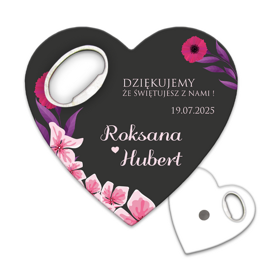 Otwieracz do butelek z różowymi kwiatami i fioletowymi liśćmi, personalizowany podziękowanie dla gości weselnych.