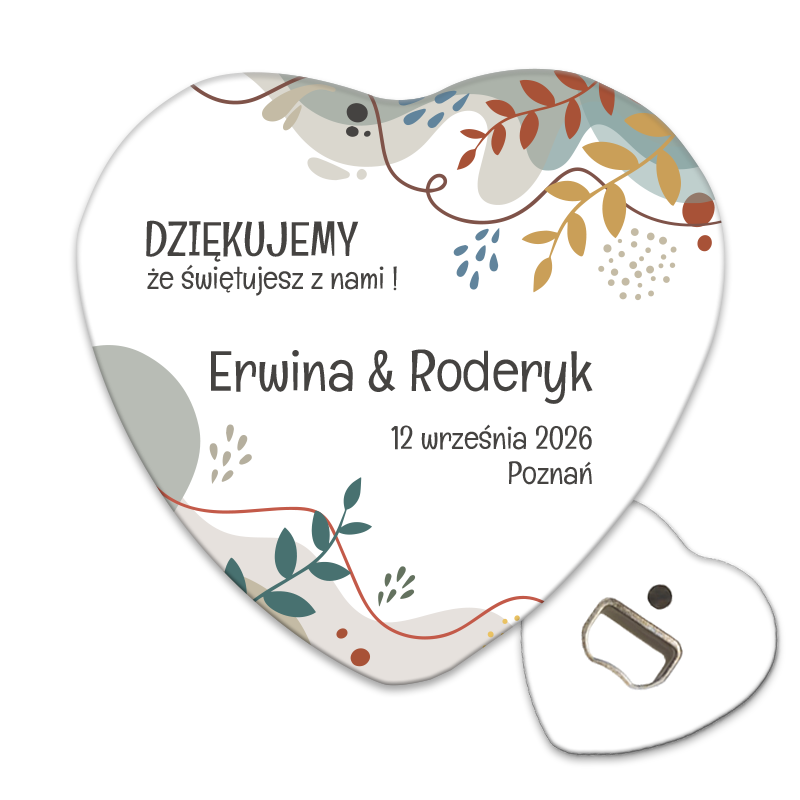 Personalizowany otwieracz do butelek podziękowanie dla gości weselnych, nowoczesne dzieło sztuki z liśćmi i liniami, idealny do wyjątkowych okazji.