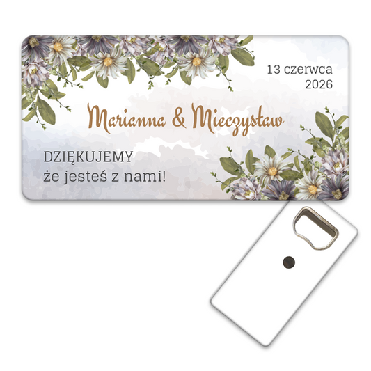 Personalizowany otwieracz do butelek prezenty dla gości weselnych z zielonymi liśćmi i kwiatami stokrotek, idealny jako unikalny upominek.