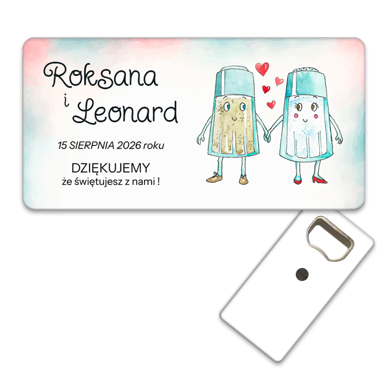 Urocze solniczki i pieprzniczki z motywem kochającej pary - personalizowany otwieracz do butelek dla gości weselnych.