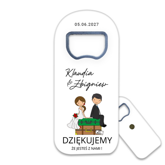 Elegancki i personalizowany otwieracz do butelek prezenty dla gości weselnych, inspirowany podróżową miłością młodej pary na walizkach, doskonały dodatek do każdego przyjęcia.