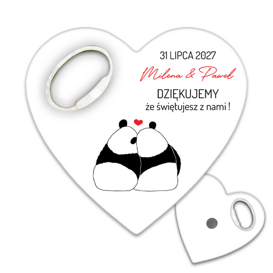 Prezenty otwieracz do butelek dla gości weselnych z motywem zakochanych pandzi, idealny na wyjątkowe przyjęcia.