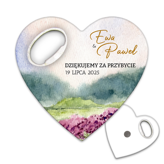 Otwieracz do butelek z magnesem z motywem zielonego krajobrazu z podziękowaniami dla gości weselnych. Piękny prezent ślubny.