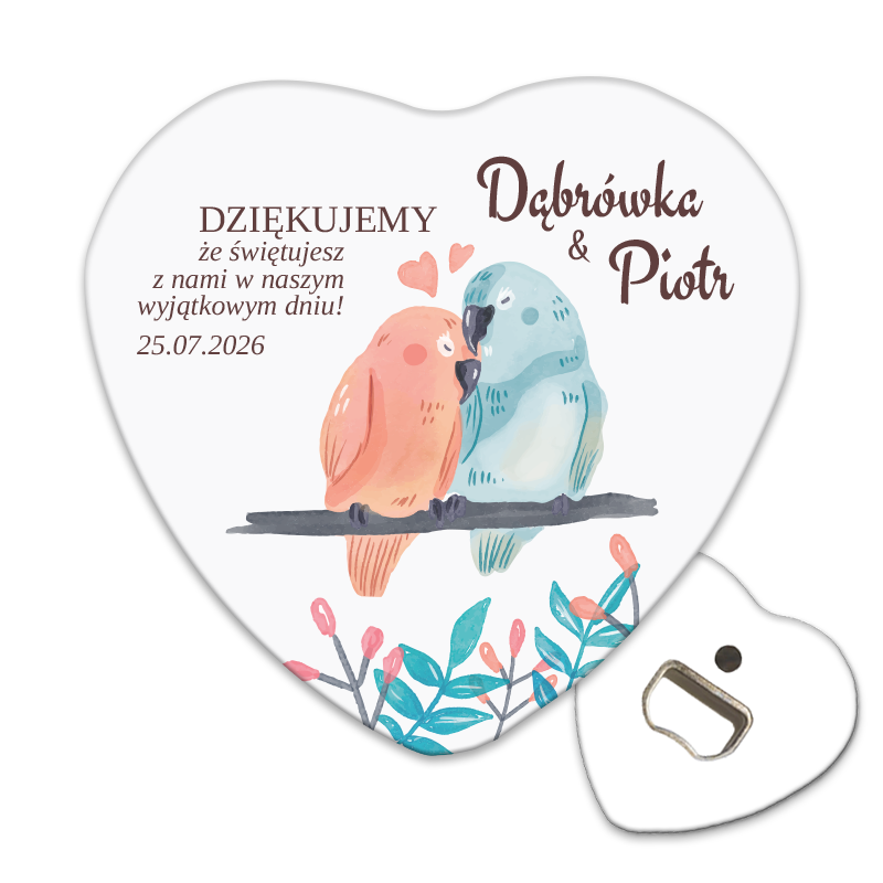 Otwieracz do butelek z magnesem z grafiką zakochanej pary papug, doskonały na podziękowania dla gości weselnych.