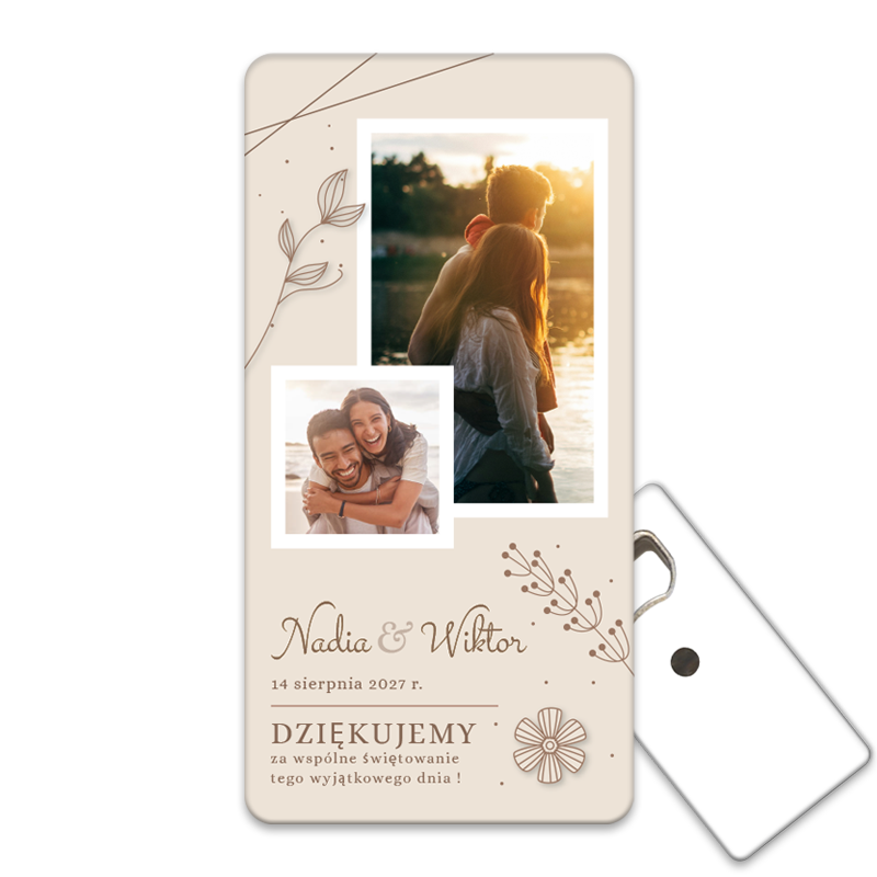 Personalizowany otwieracz do butelek z minimalistycznymi rysunkami roślin, idealny na prezenty ślubne, z dwoma ramkami na zdjęcia.