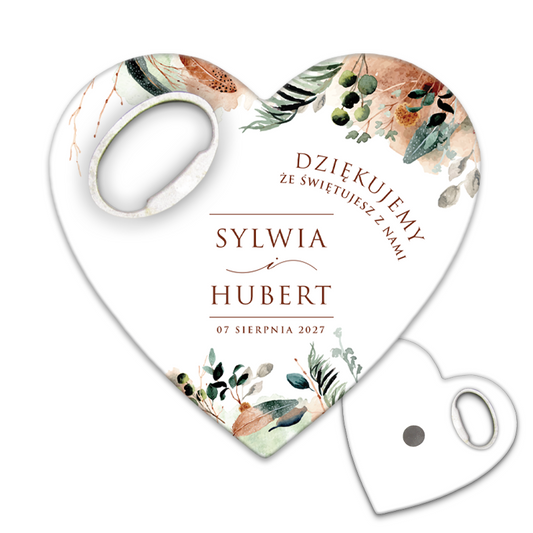 Otwieracz do butelek dla gości weselnych z deseniem Kawy i Zieleni Rośliny w Stylu Boho, idealny na prezenty ślubne.