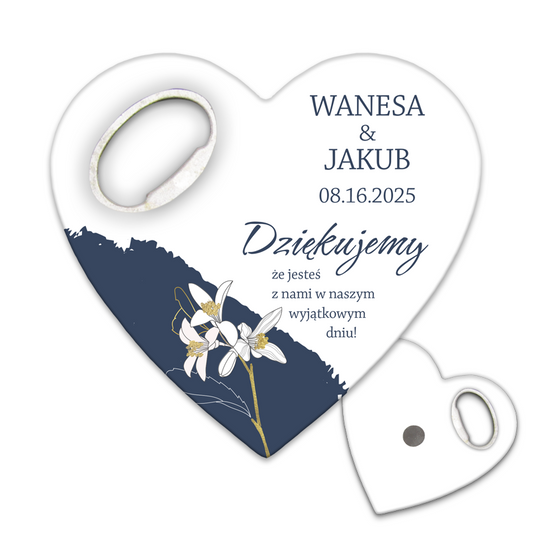 Prezenty z podziękowaniami dla gości ślub : Minimalist stylowy otwieracz do butelek z kolorowymi rysunkami i białymi liliami, idealny jako personalizowany prezent dla gości weselnych.