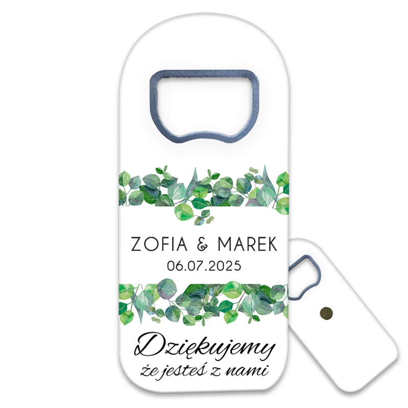 Ślubne życzenia dla gości weselnych: Spersonalizuj otwieracz do butelek z magnesem na lodówkę z kwiatowym motywem i zielonymi liśćmi, aby uczynić swoje wesele niezapomnianym!